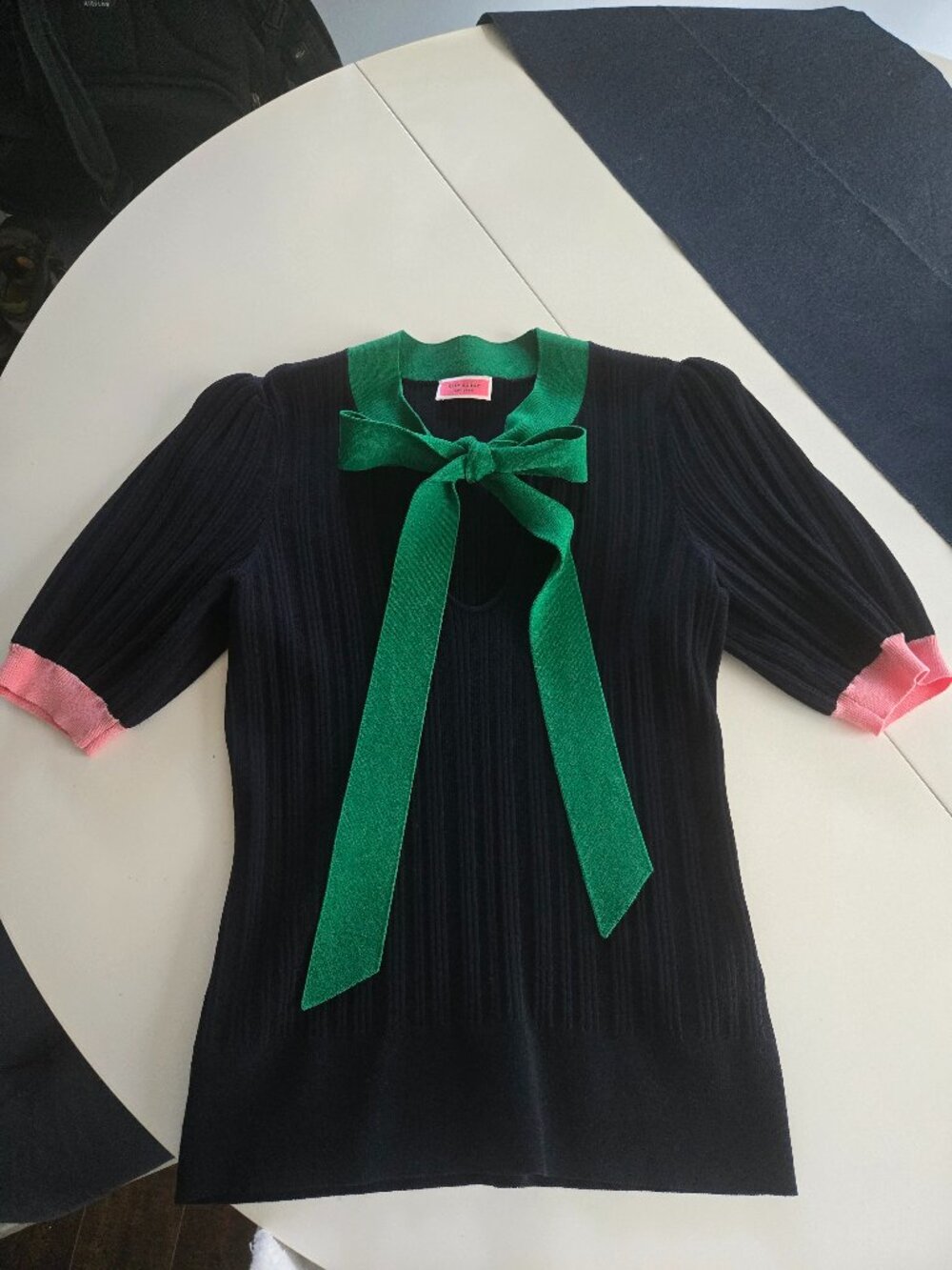 KATE SPADE Size S Navy Color Block Bow Neck Short Sleeve Sweater Knit Top - Picture 2 of 5